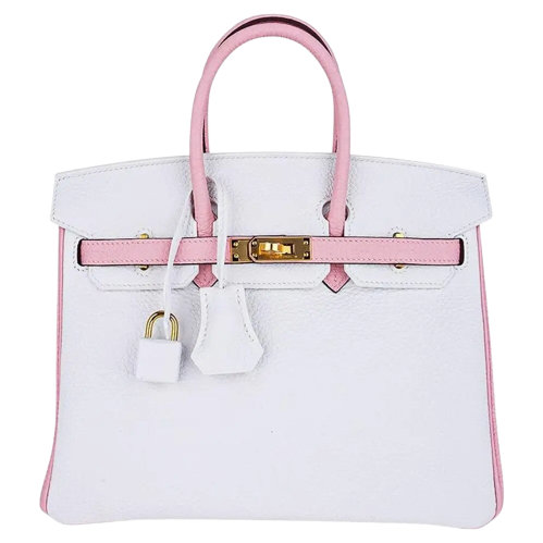Hermes Special Order HSS Birkin 25 Bag Rose Sakura & White Clemence Leather  Gold Hardware